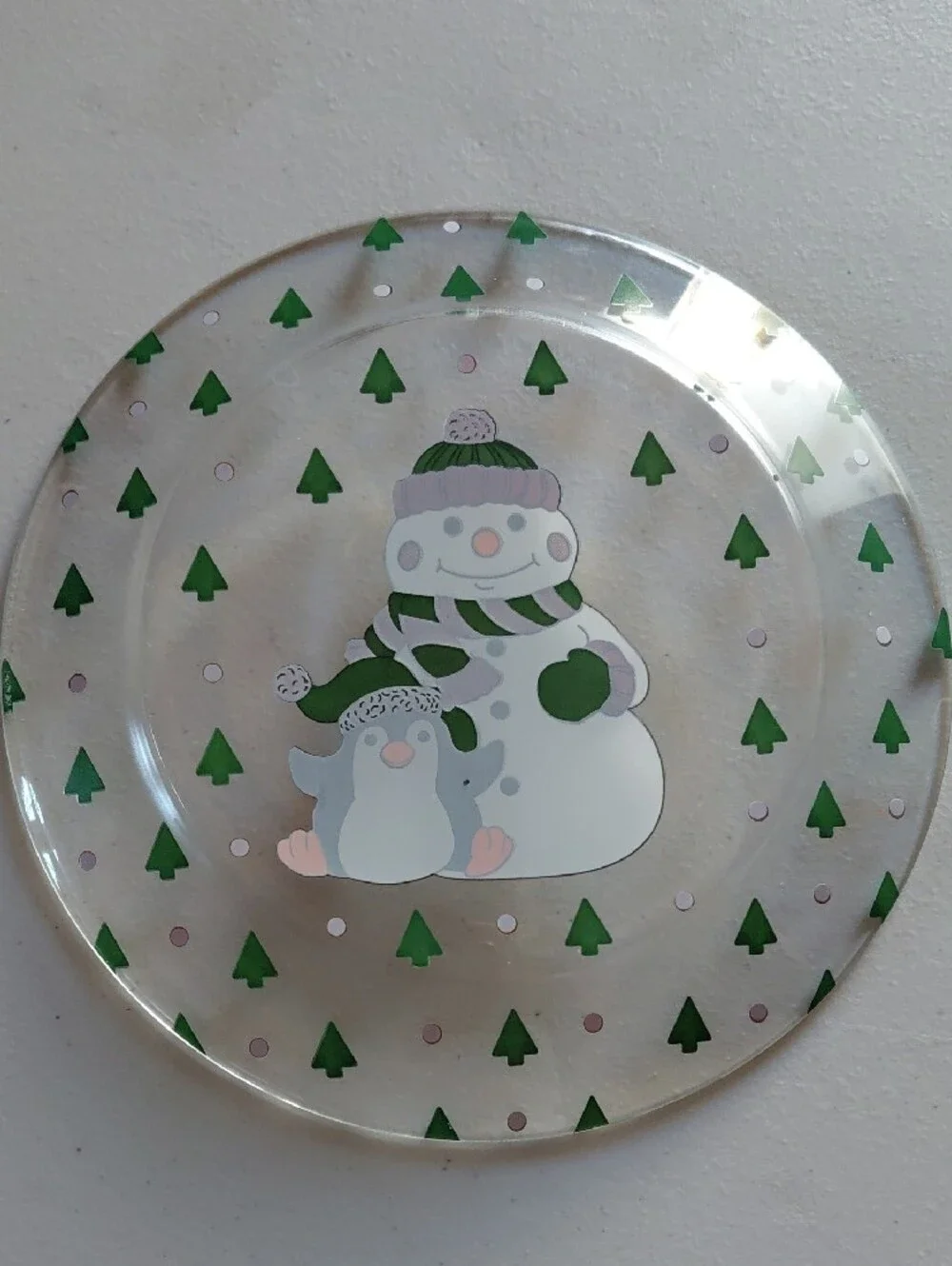 Arcoroc France Snowman & Penguin Glass Plate - Red, Green, Clear